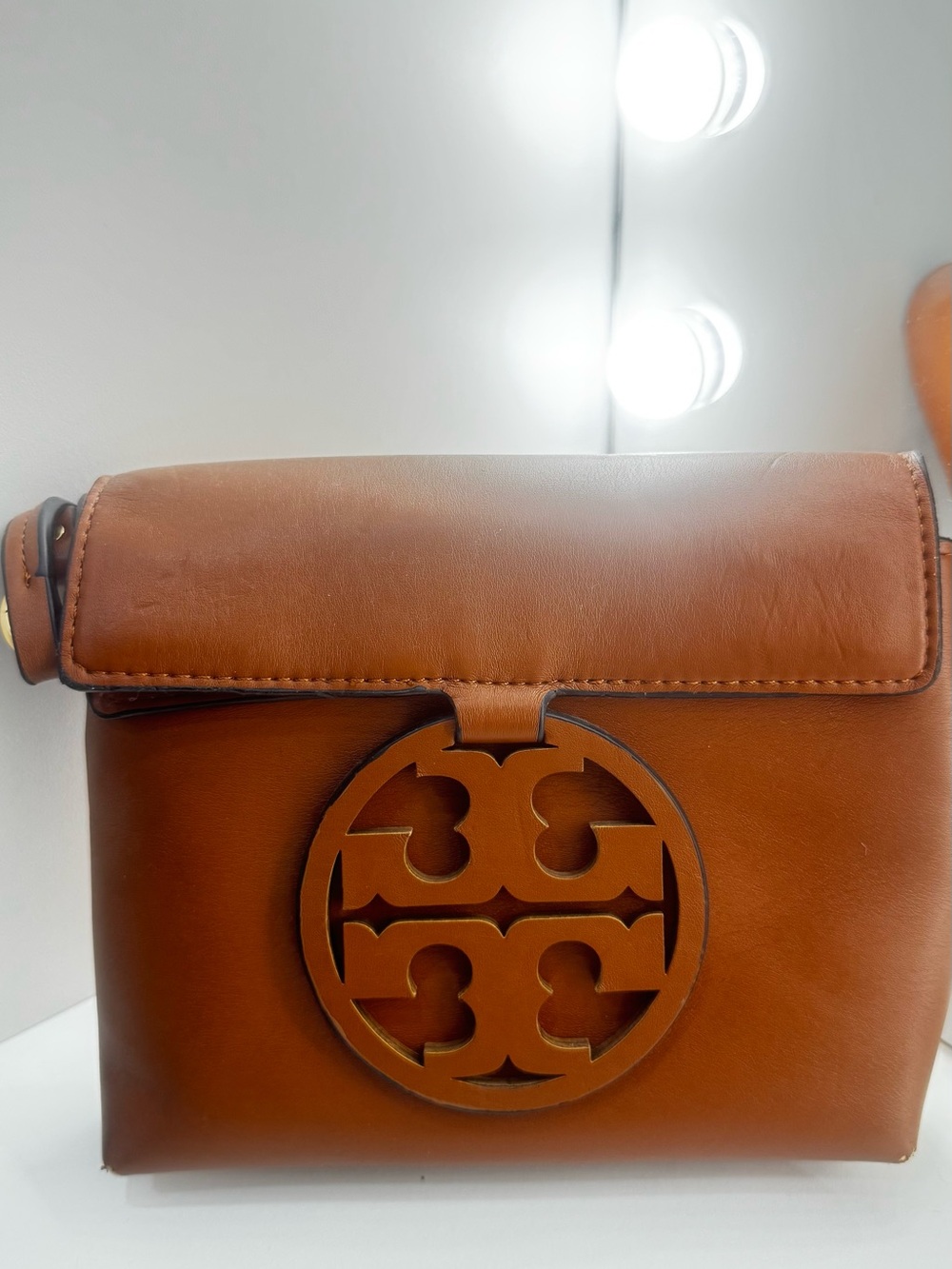 Tory Burch Cognac Leather Crossbody with Signature Cutout Medallion